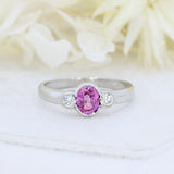 9ct White Gold Pink Sapphire & Diamond 3 Stone Ring