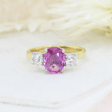 18ct Yellow Gold 3 Stone Pink Sapphire & Diamond 3 Stone Ring