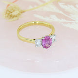 18ct Yellow Gold Oval Pink Sapphire & Round Diamond 3 Stone Ring