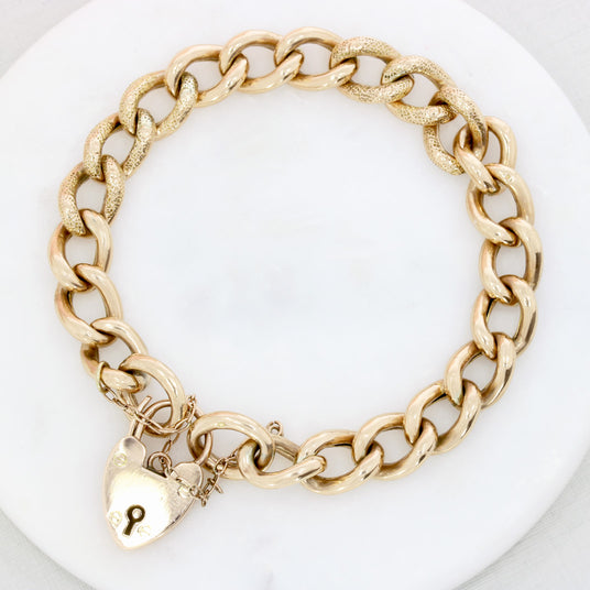 Pre Owned 9ct Rose Gold Bracelet With Heart Padlock & Safety Chain 15.5g