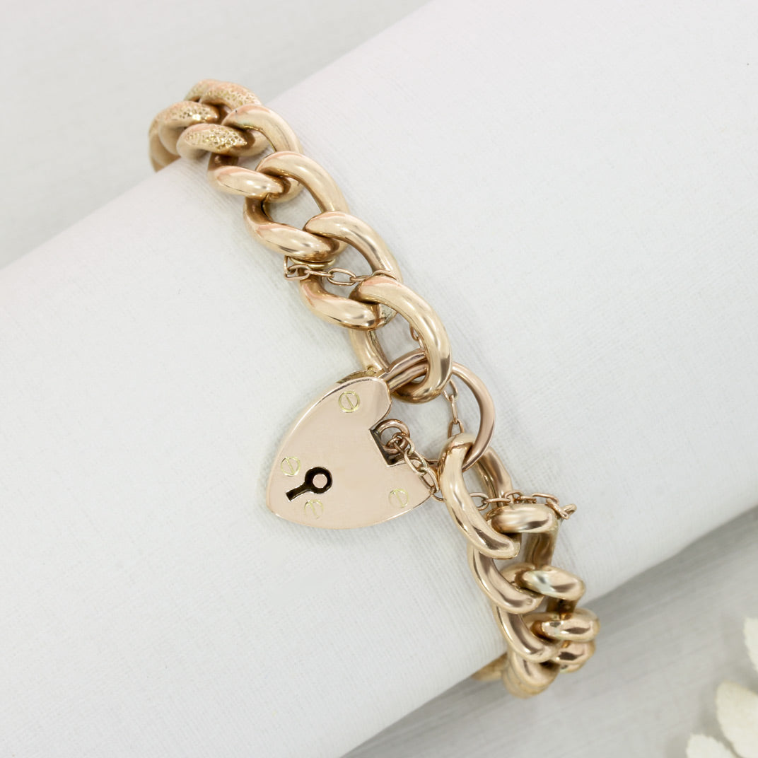 Pre Owned 9ct Rose Gold Bracelet With Heart Padlock & Safety Chain 15.5g