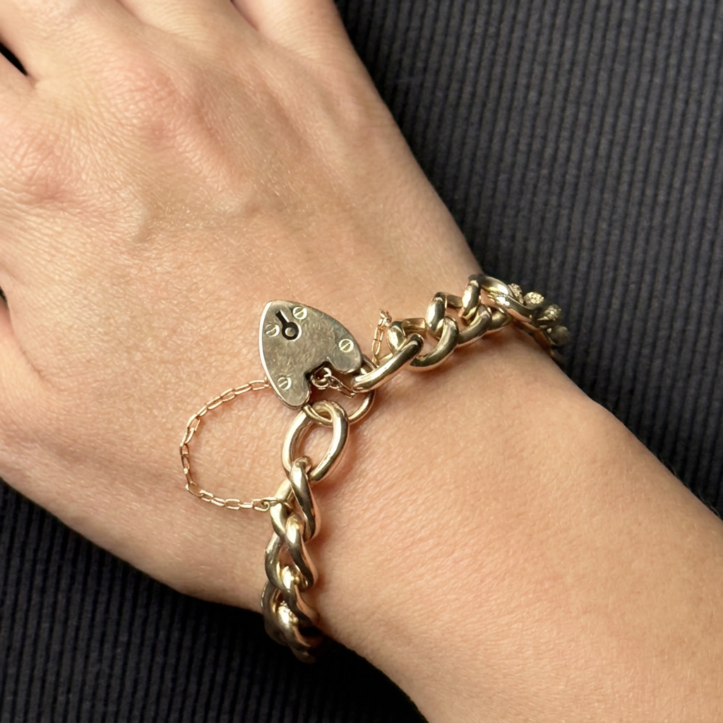 Pre Owned 9ct Rose Gold Bracelet With Heart Padlock & Safety Chain 15.5g