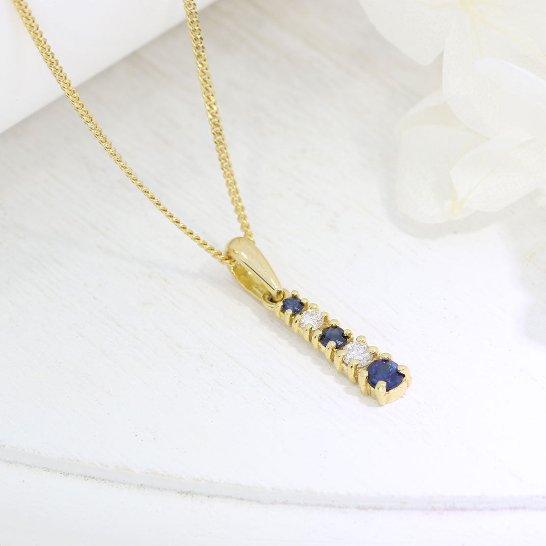 18ct Yellow Gold Sapphire & Diamond Graduated Claw Set Drop Pendant 18" Chain