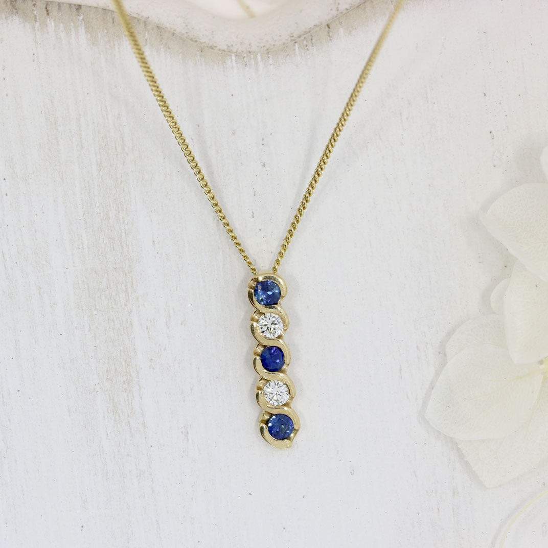 9ct Gold Sapphire & Diamond Drop Pendant on a 9ct Yellow Gold 18'' Chain