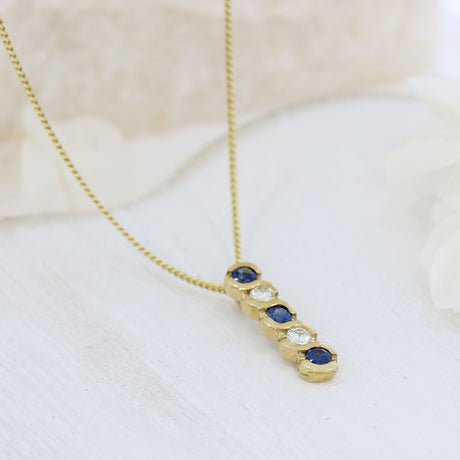 9ct Gold Sapphire & Diamond Drop Pendant on a 9ct Yellow Gold 18'' Chain