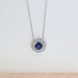 18ct White Gold Round Sapphire and Diamond Cluster Halo Pendant On a 18ct 18" Chain