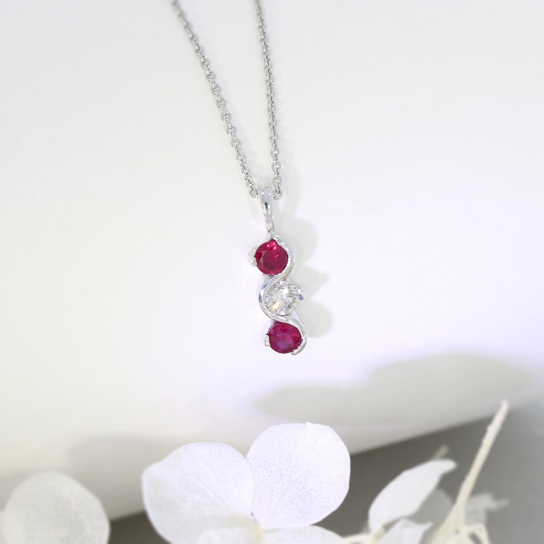 9ct White Gold Ruby and Diamond 3 Stone Pendant On a 18inch 9ct Chain