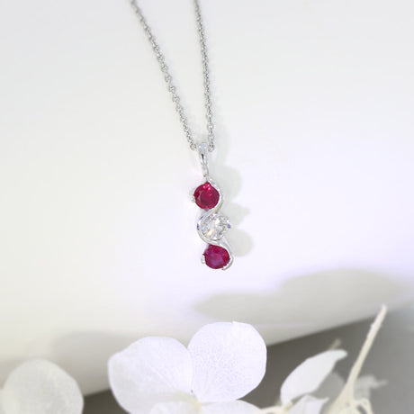 9ct White Gold Ruby and Diamond 3 Stone Pendant On a 18inch 9ct Chain
