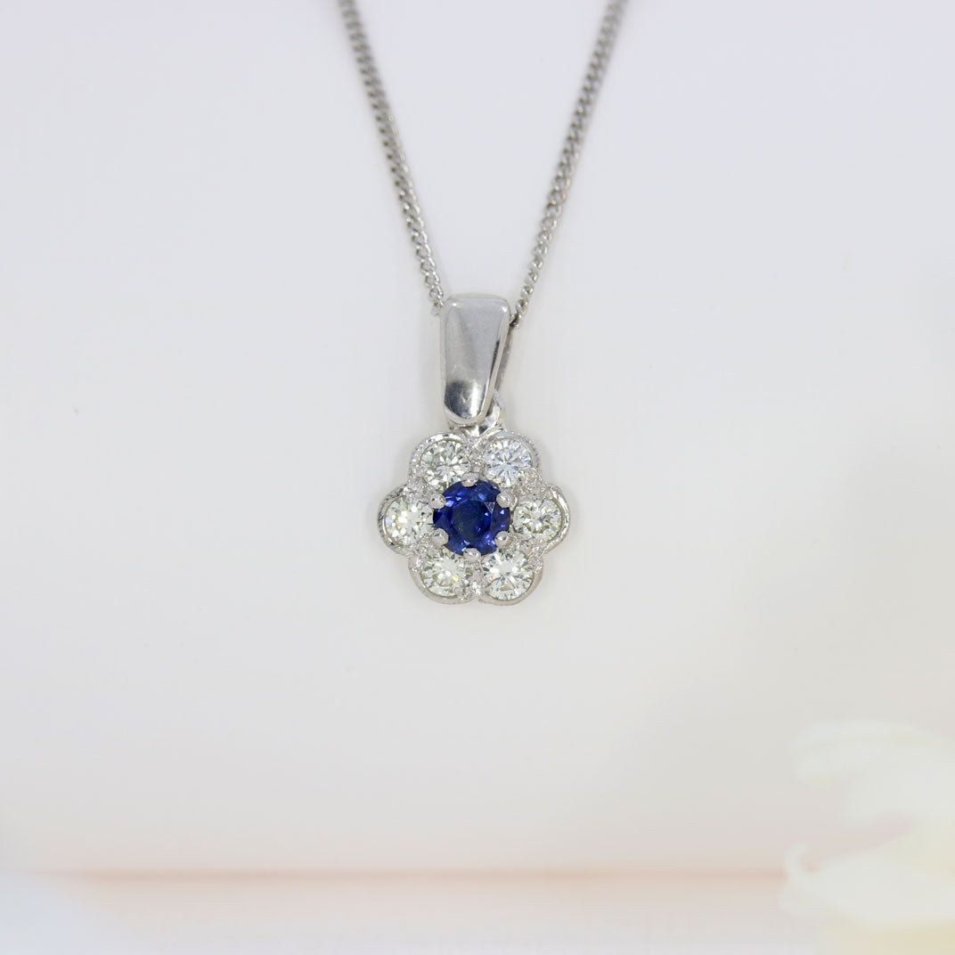 18ct Gold Sapphire & Diamond Flower Cluster Pendant on 18ct White Gold 18'' Chain