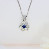 18ct Gold Sapphire & Diamond Flower Cluster Pendant on 18ct White Gold 18'' Chain