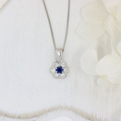 18ct Gold Sapphire & Diamond Flower Cluster Pendant on 18ct White Gold 18'' Chain