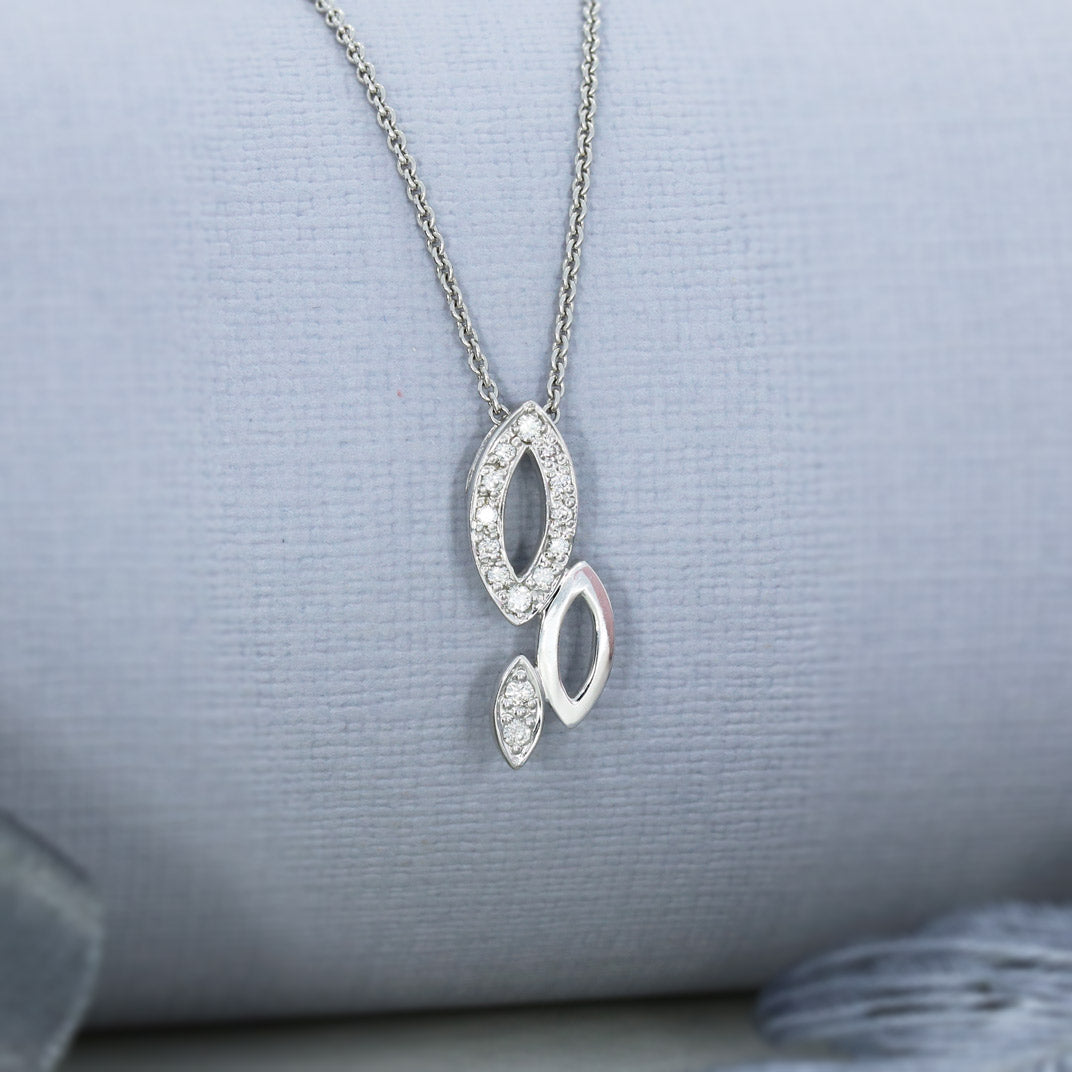 18ct White gold 3 Graduating Leaf Pave Set Diamond Pendant on 18ct 18inch Chain