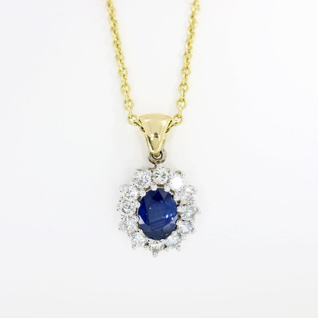 18ct Yellow Gold Oval Sapphire & Diamond Cluster Pendant on a 18" Chain