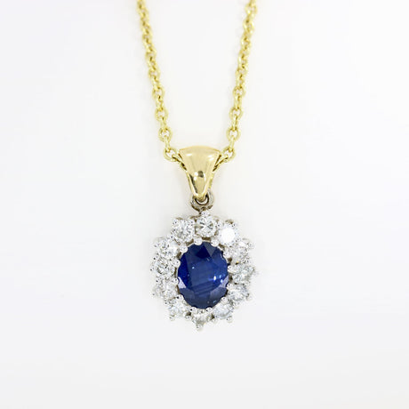18ct Yellow Gold Oval Sapphire & Diamond Cluster Pendant on a 18" Chain