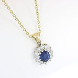 18ct Yellow Gold Oval Sapphire & Diamond Cluster Pendant on a 18" Chain