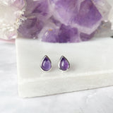 Silver Amethyst Cabochon Teardrop Earrings