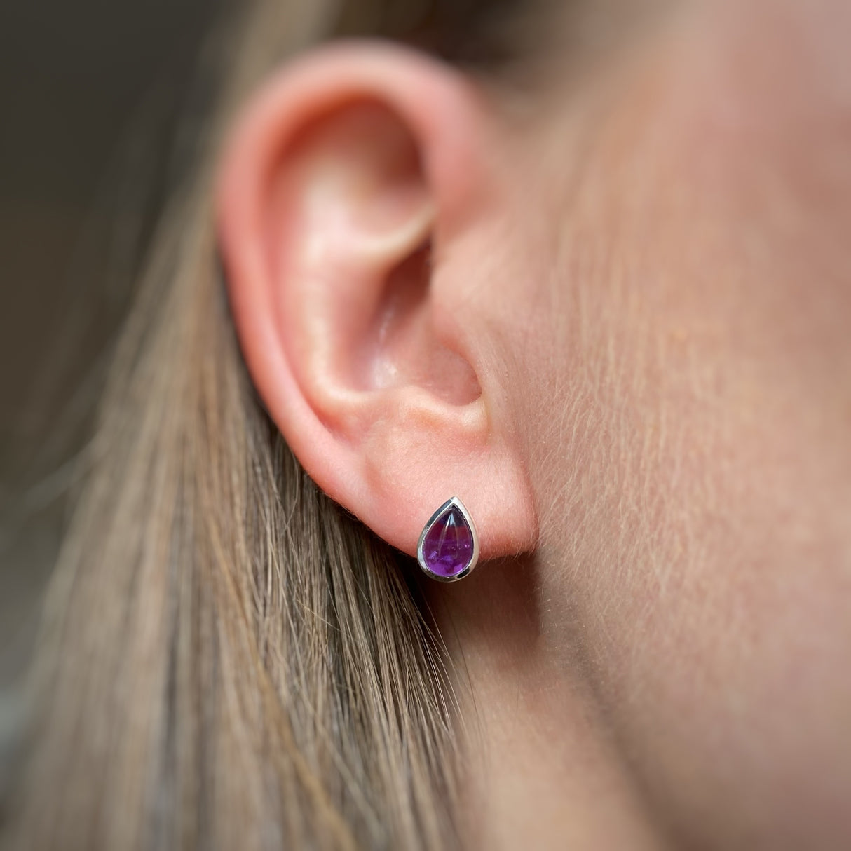 Silver Amethyst Cabochon Teardrop Earrings