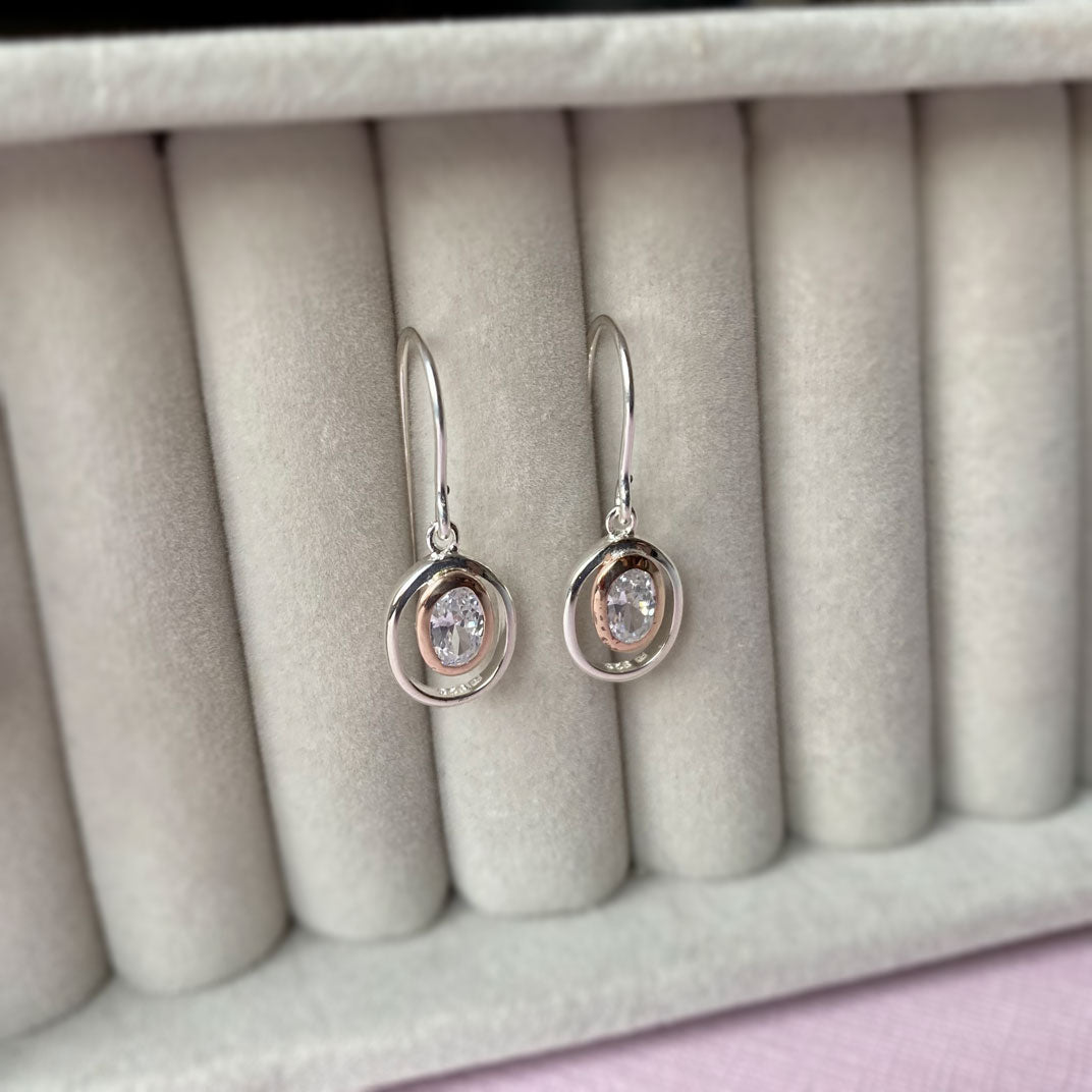 Silver & Rose Gold Open Oval Drop Earrings With a Cubic Zirconia