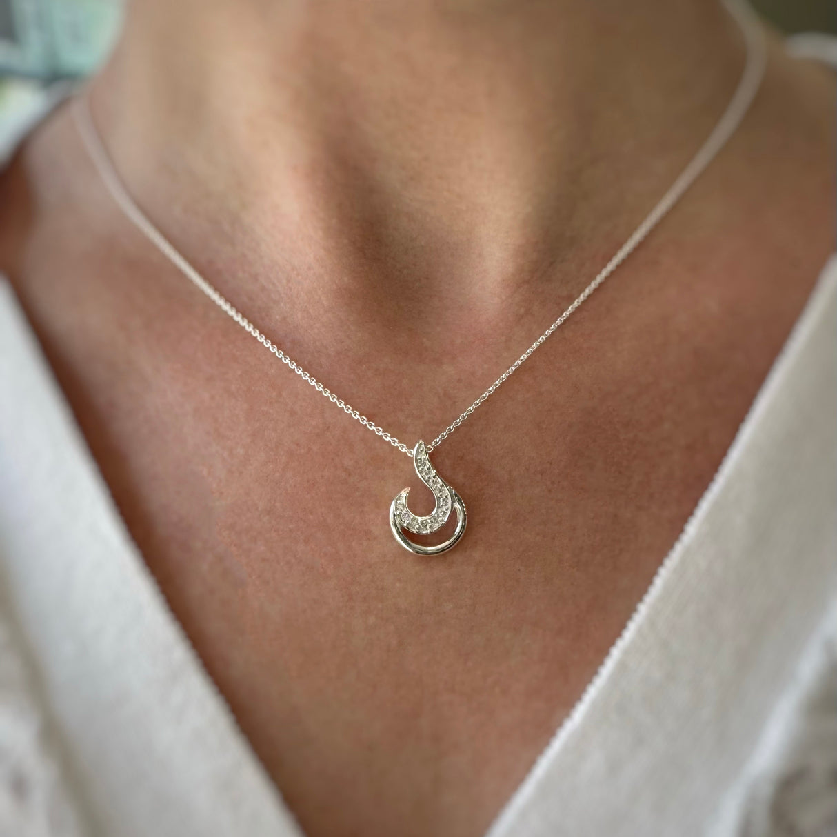 Silver Cubic Zirconia Pave set Crescent moon swirl pendant