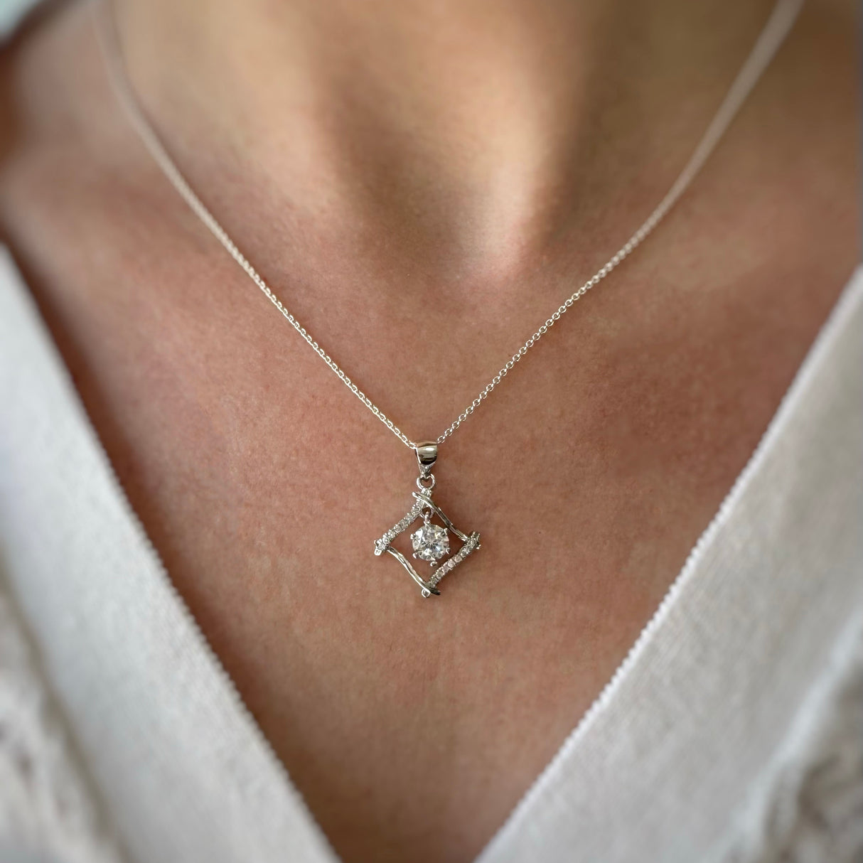 Silver Square Cubic Zirconia Pendant & Chain