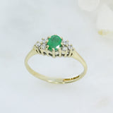 9ct Yellow Gold Claw Set Emerald & Natural Diamond Delicate Cluster Ring