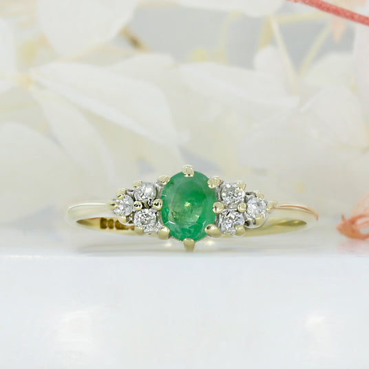 9ct Yellow Gold Claw Set Emerald & Natural Diamond Delicate Cluster Ring