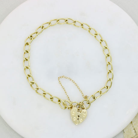 9ct Yellow Gold Charm Bracelet With Heart Padlock & Safety Chain 5g