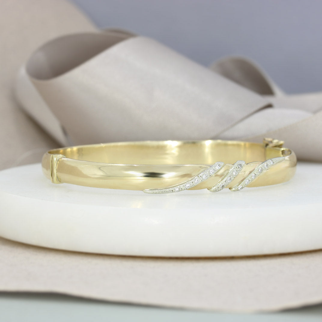 Pre Owned 9ct Gold Hinged Bangle with Pave Set Diamonds