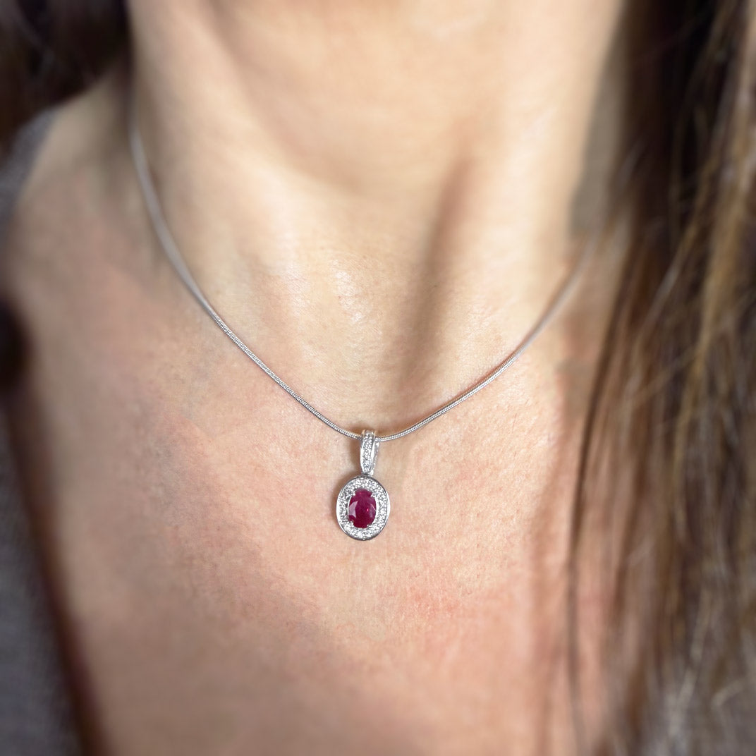 18ct White Gold Ruby & Diamond Halo Pendant On an 18ct 16" Snake Chain