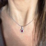 18ct White Gold Ruby & Diamond Halo Pendant On an 18ct 16" Snake Chain