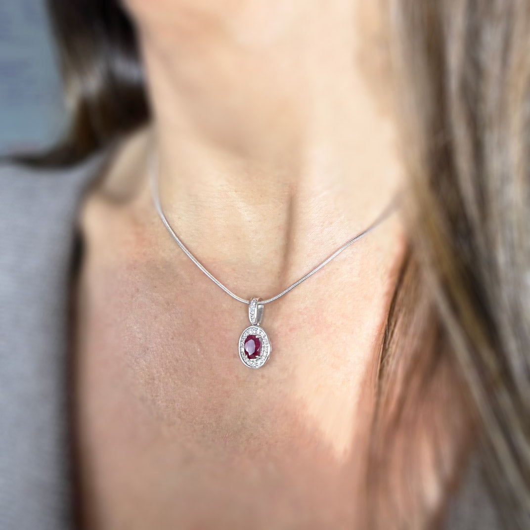 18ct White Gold Ruby & Diamond Halo Pendant On an 18ct 16" Snake Chain
