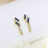 Pre Owned 18ct Yellow Gold Sapphire & Princess Cut Diamond Claw Set Drop Earrings