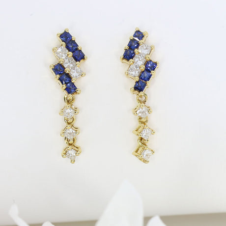 Pre Owned 18ct Yellow Gold Sapphire & Princess Cut Diamond Claw Set Drop Earrings