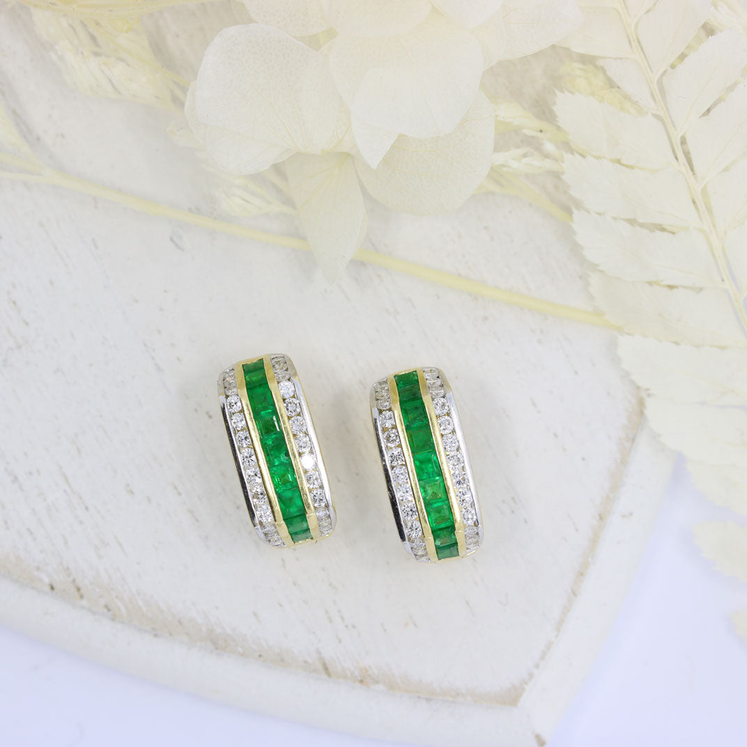 Pre Owned 18ct Yellow Gold Emerad & Diamond Huggie Style Earrings