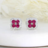 Pre Owned 18ct White Gold Round Ruby & Diamond Earrings in a Square Cluster Setting