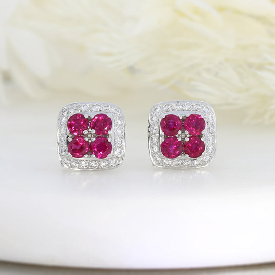 Pre Owned 18ct White Gold Round Ruby & Diamond Earrings in a Square Cluster Setting
