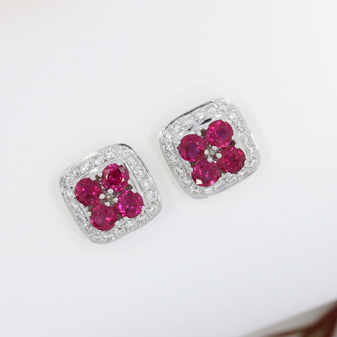 Pre Owned 18ct White Gold Round Ruby & Diamond Earrings in a Square Cluster Setting
