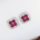 Pre Owned 18ct White Gold Round Ruby & Diamond Earrings in a Square Cluster Setting