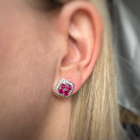 Pre Owned 18ct White Gold Round Ruby & Diamond Earrings in a Square Cluster Setting