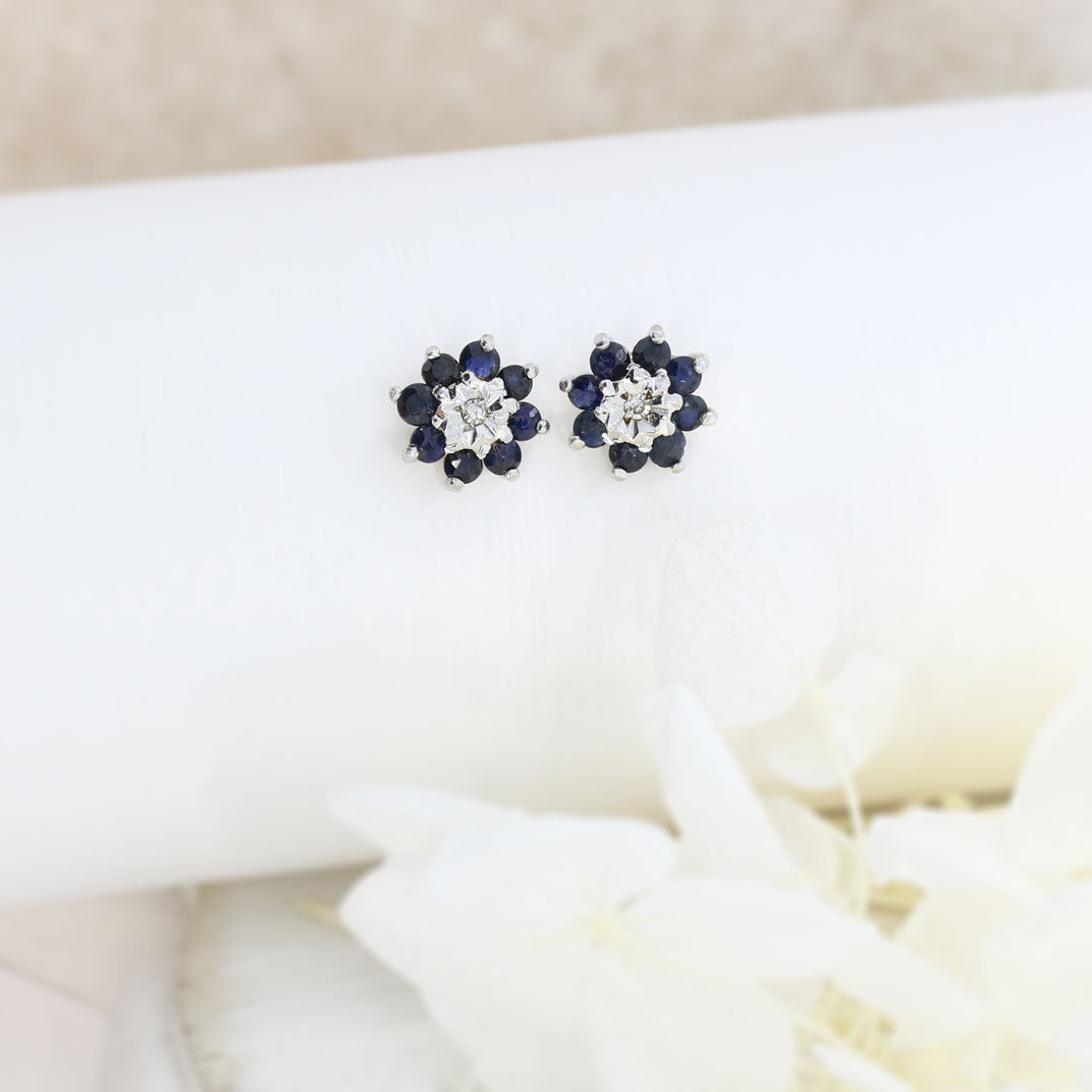 Pre Owned 9ct Yellow Gold Sapphire and Diamond Chip Flower Cluster Studs