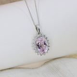 18ct White Gold Oval Kunzite & Diamond Cluster Pendant On a 18" Fine Curb Chain