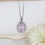 18ct White Gold Oval Kunzite & Diamond Cluster Pendant On a 18" Fine Curb Chain