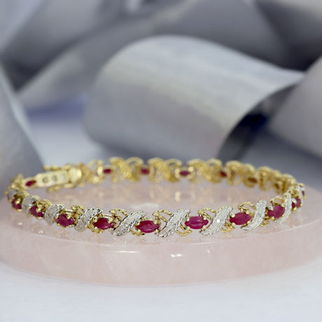 Pre-Owned 9ct Yellow Gold Ruby & Pave Set Diamond Chip Bracelet