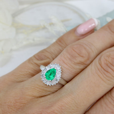 Pre Owned Platinum Pear Shaped Emerald & Baguette Diamond Cluster Ring