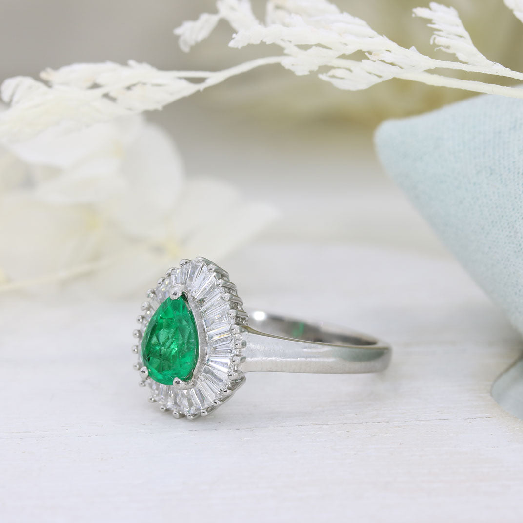 Pre Owned Platinum Pear Shaped Emerald & Baguette Diamond Cluster Ring