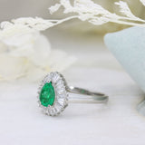 Pre Owned Platinum Pear Shaped Emerald & Baguette Diamond Cluster Ring