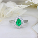 Pre Owned Platinum Pear Shaped Emerald & Baguette Diamond Cluster Ring