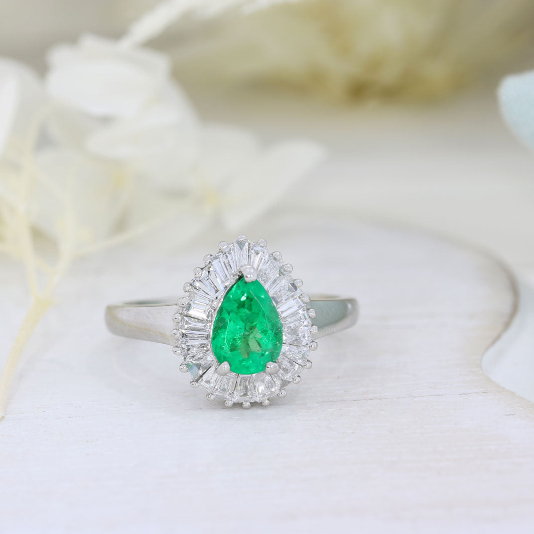 Pre Owned Platinum Pear Shaped Emerald & Baguette Diamond Cluster Ring