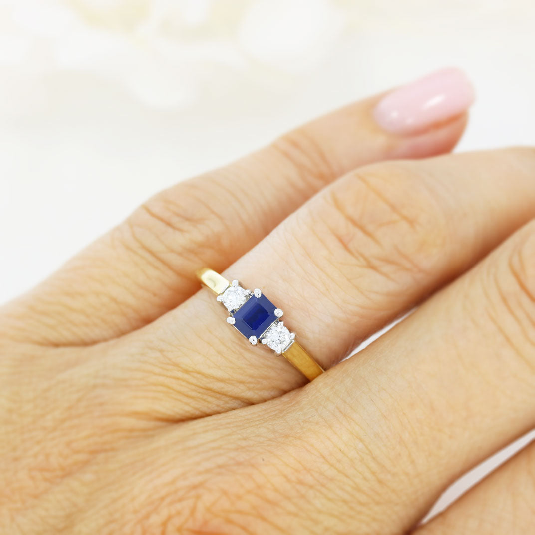 Pre Owned 3 Stone Emerald Cut Sapphire & Diamond Ring