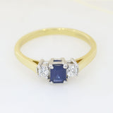 Pre Owned 3 Stone Emerald Cut Sapphire & Diamond Ring